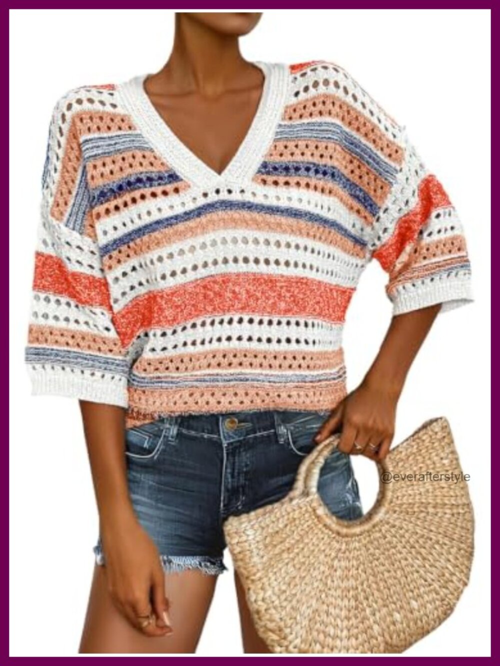 Womens V Neck Crochet Knit Striped Hollow Out Short Sleeve Sweater